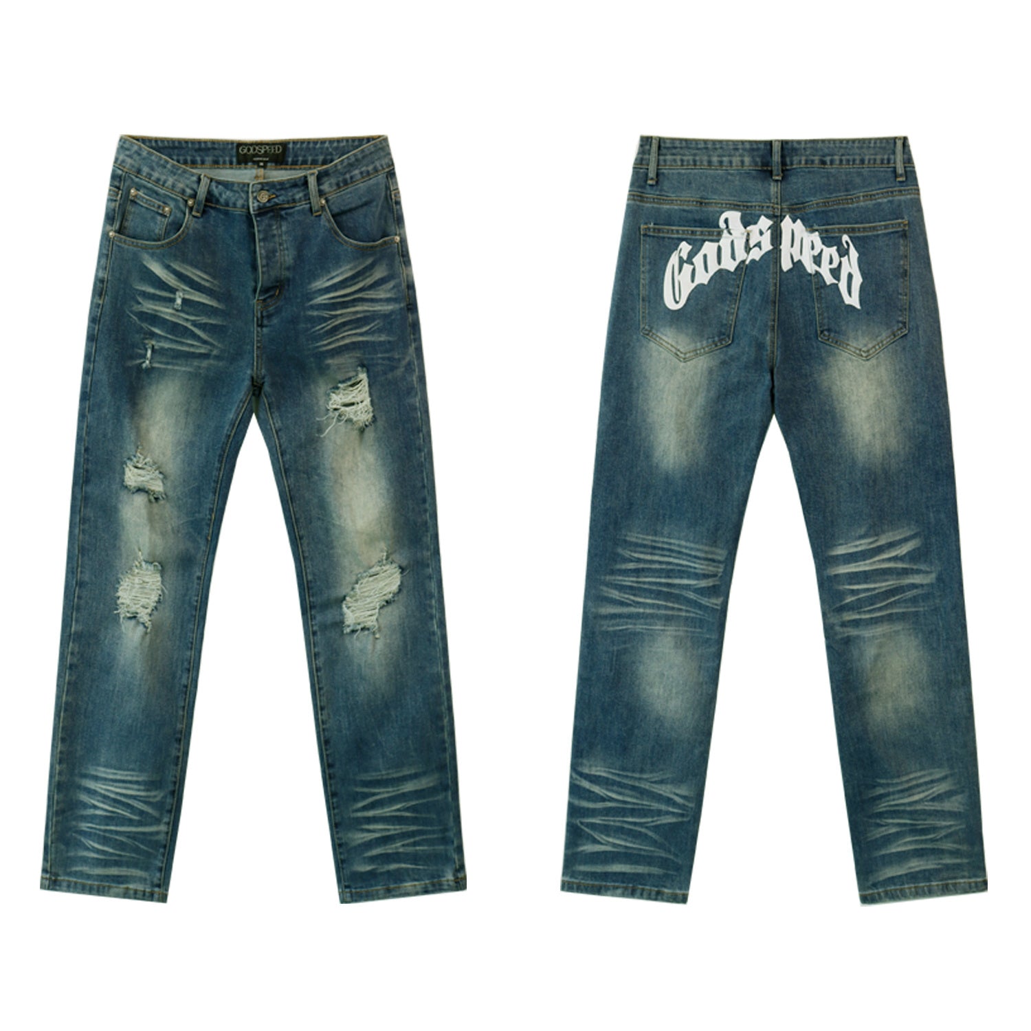 Amiri “God’s Speed” Blue Distressed Jeans