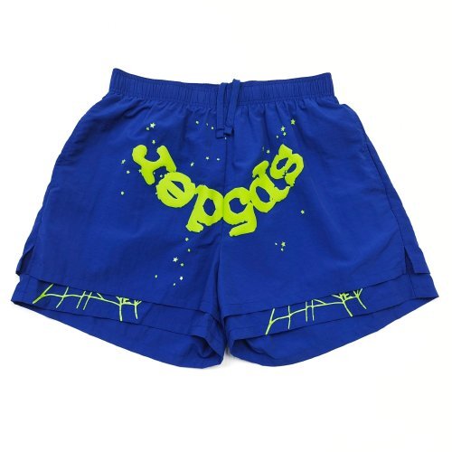 Sp5der “Web Shorts” in Royal Blue with Neon Green Print