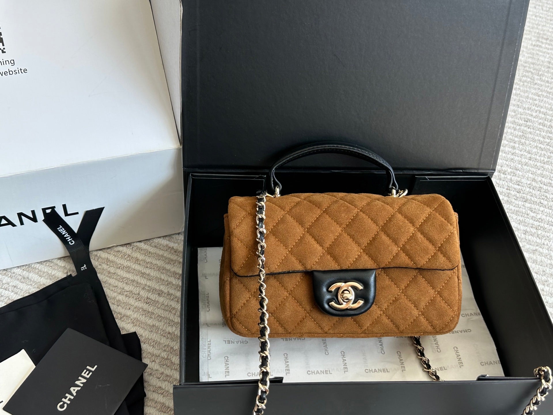 Chanel Top Handle Flap Bag in Brown Suede