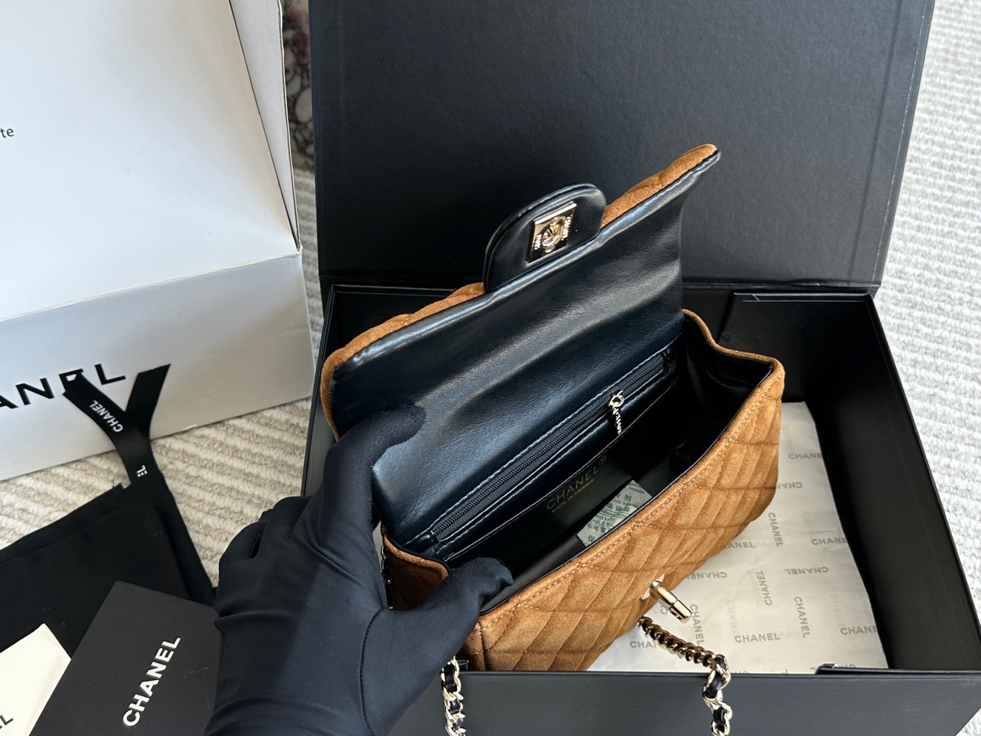 Chanel Top Handle Flap Bag in Brown Suede