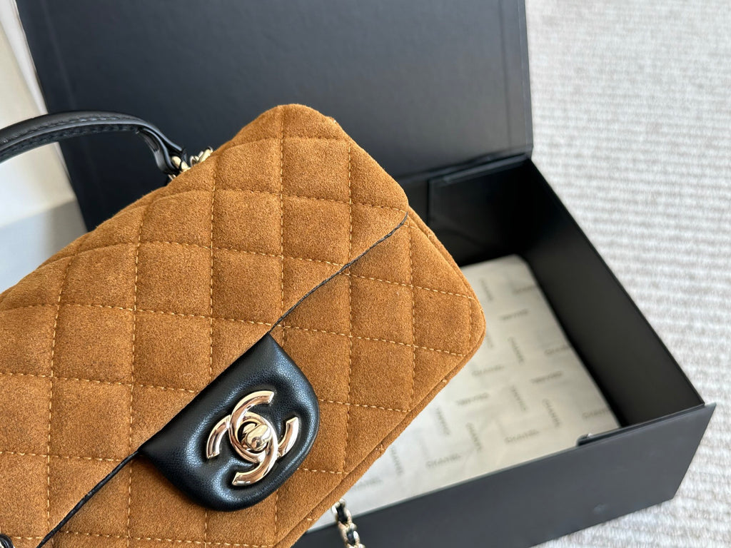 Chanel Top Handle Flap Bag in Brown Suede