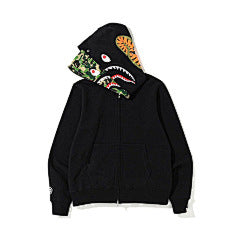 BAPE – Black Shark Hoodie with Green Camo Lining